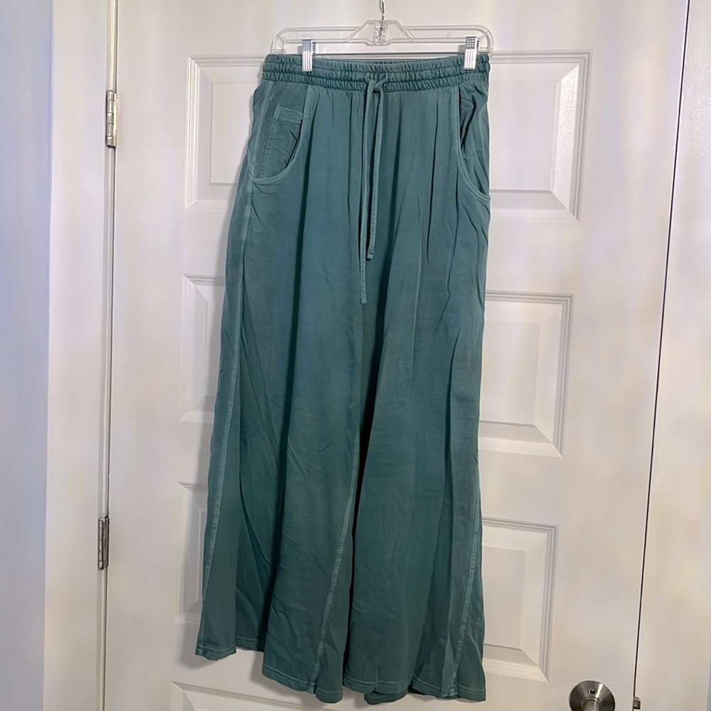 Zenana Women's Wide Leg Teal Pants with Elastic Waist Drawstring - Picture 2 of 7